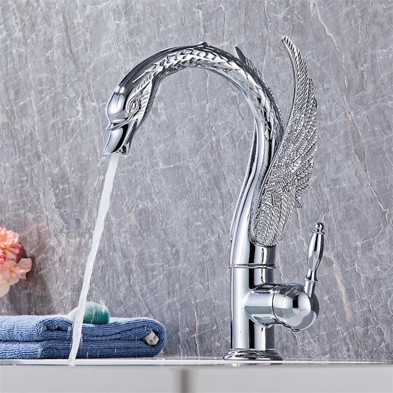 Bathroom Faucet Swan-Shaped Waterfall Brass Ceramic Cartridge
