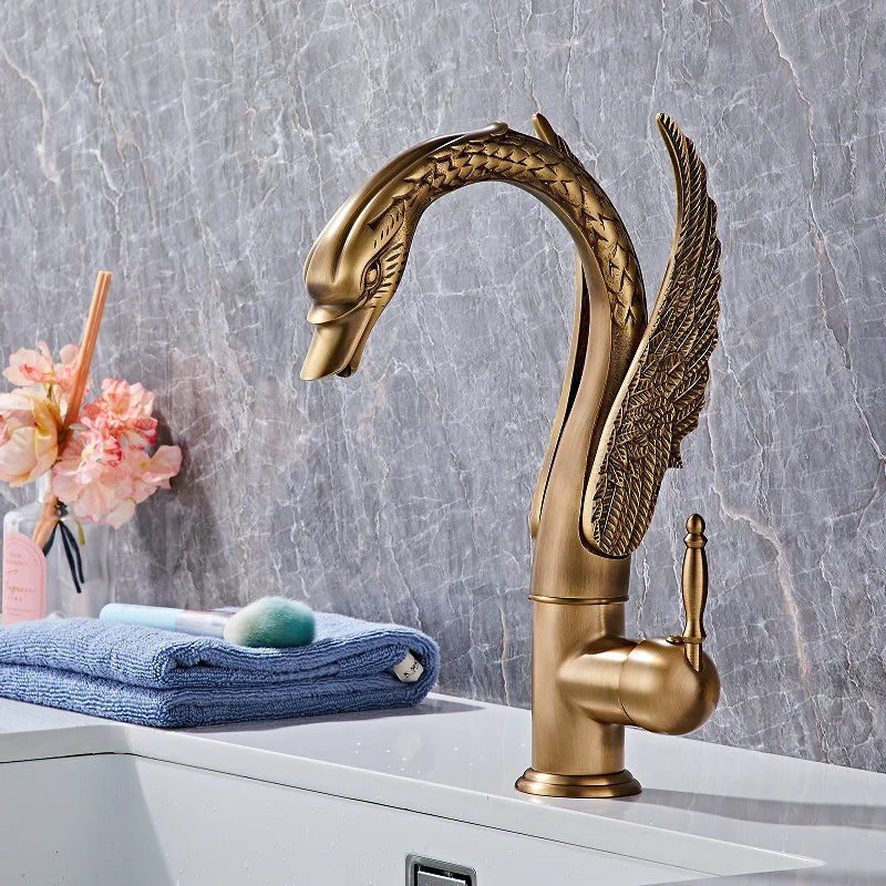 Bathroom Faucet Swan-Shaped Waterfall Brass Ceramic Cartridge