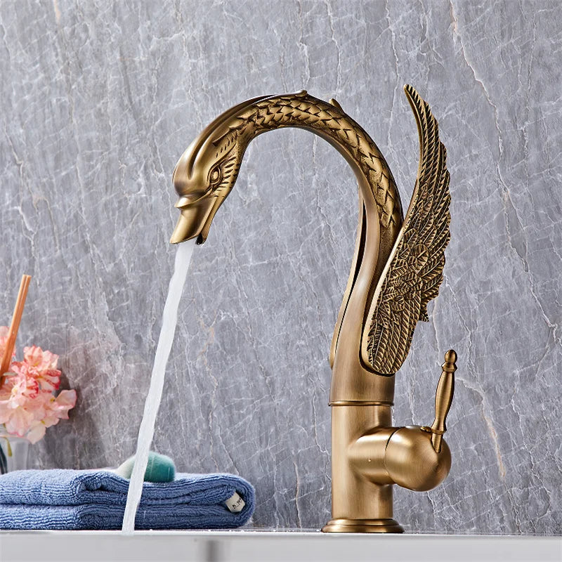 Bathroom Faucet Swan-Shaped Waterfall Brass Ceramic Cartridge