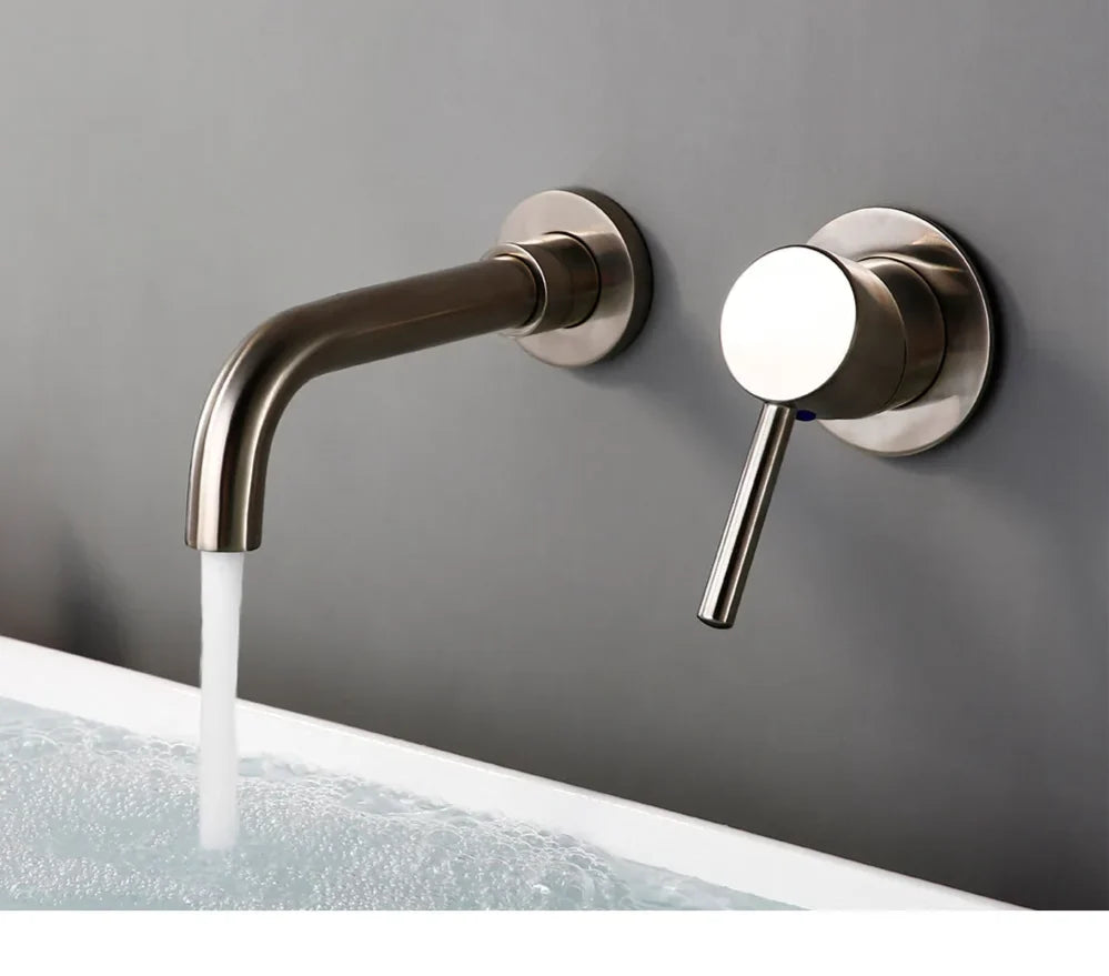 Bathroom Faucet Wall-Mounted Solid Brass Brushed Stainless