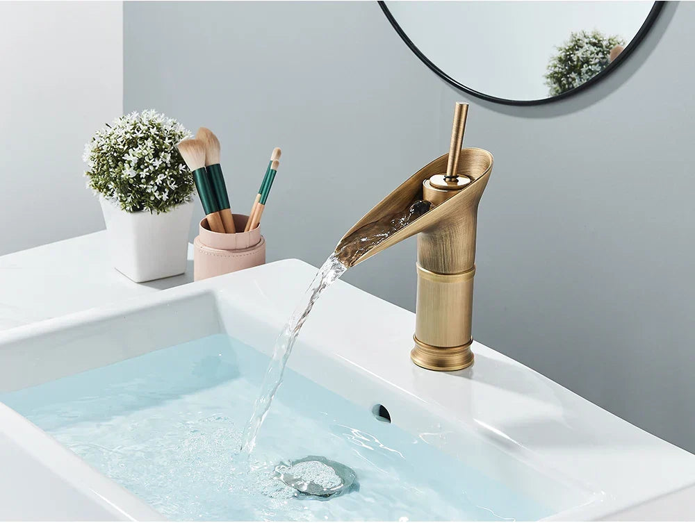 Bathroom Faucet Waterfall Solid Brass Antique Brass Finish