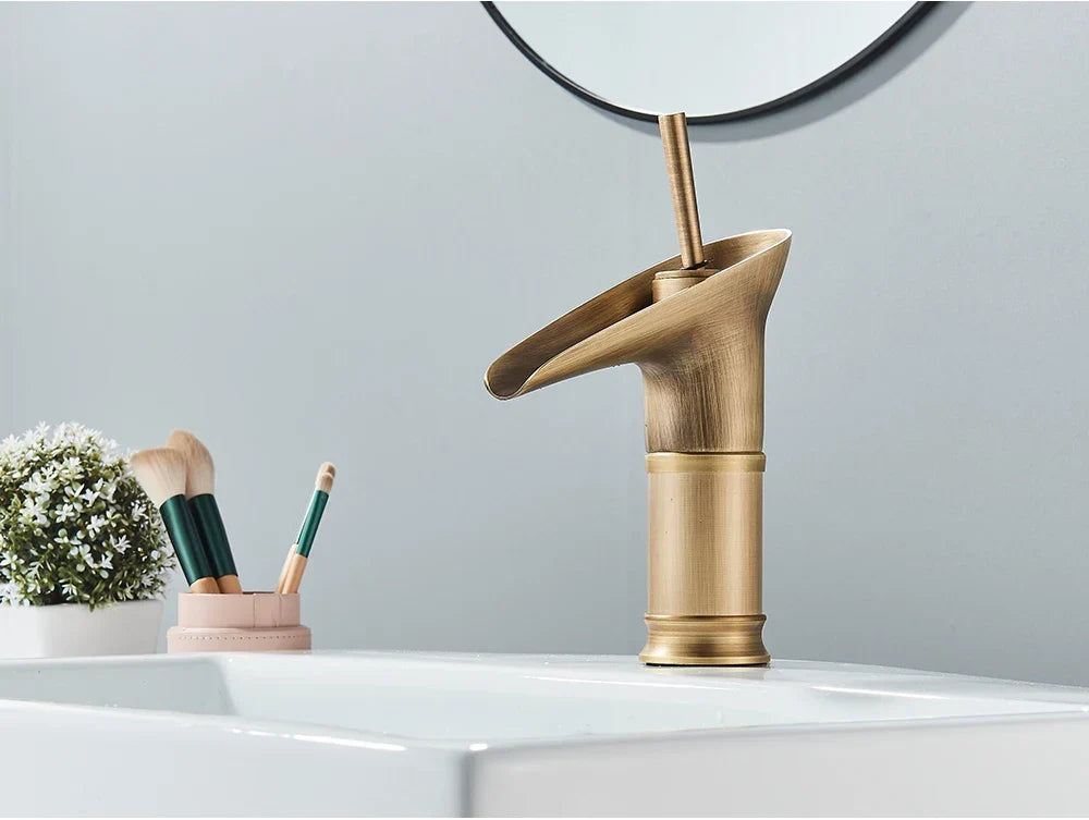 Bathroom Faucet Waterfall Solid Brass Antique Brass Finish