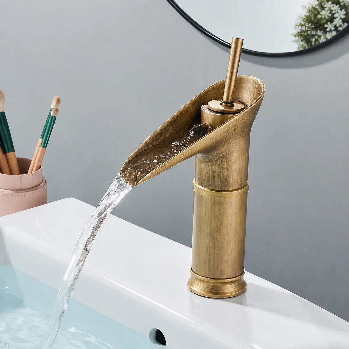 Bathroom Faucet Waterfall Solid Brass Antique Brass Finish