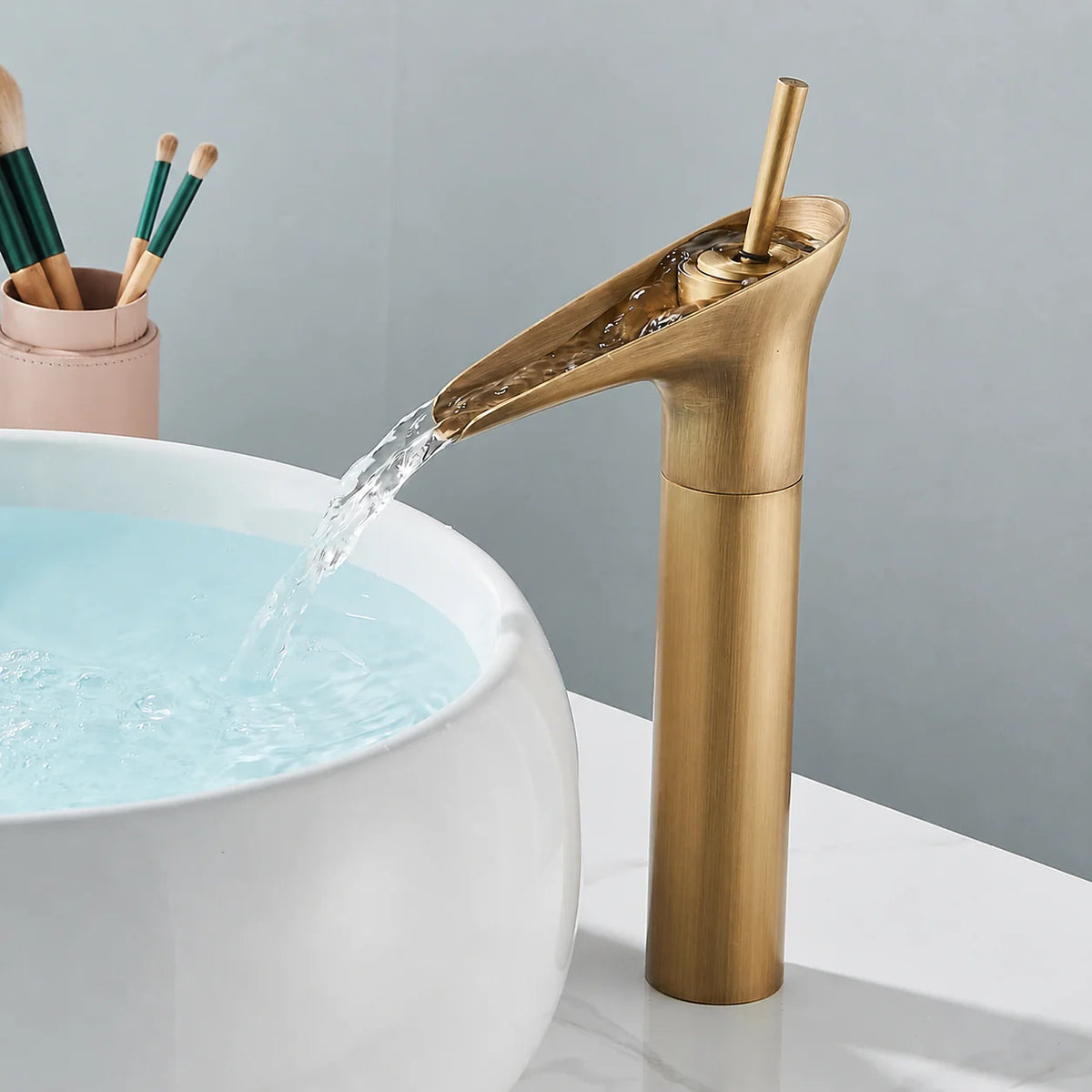 Bathroom Faucet Waterfall Solid Brass Antique Brass Finish