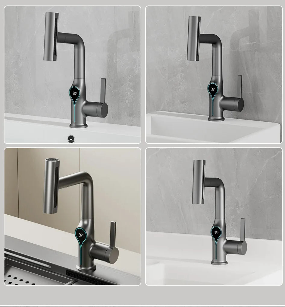 Bathroom Faucet Waterfall Spout Battery-Free Digital Temperature Display