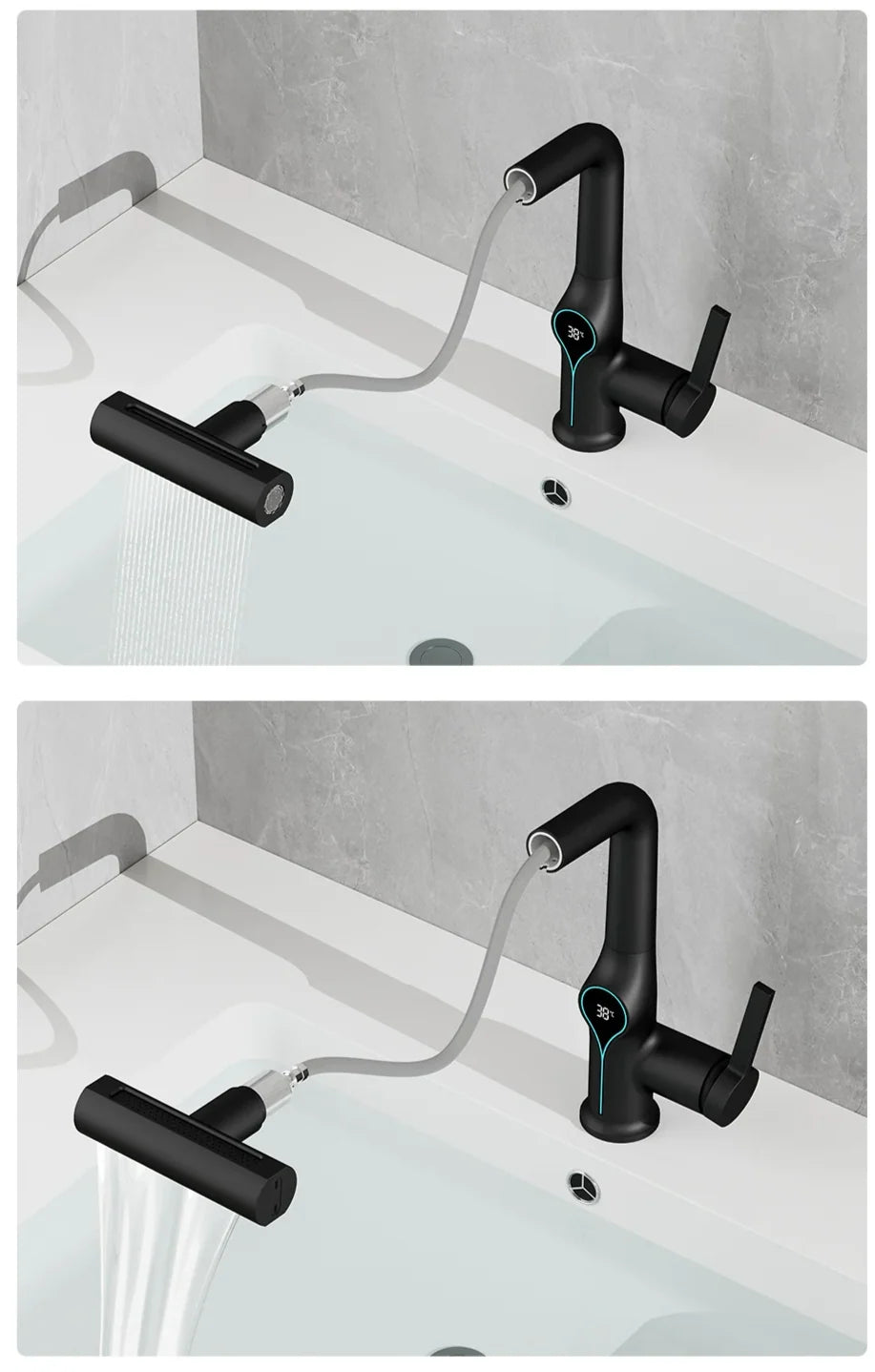 Bathroom Faucet Waterfall Spout Battery-Free Digital Temperature Display