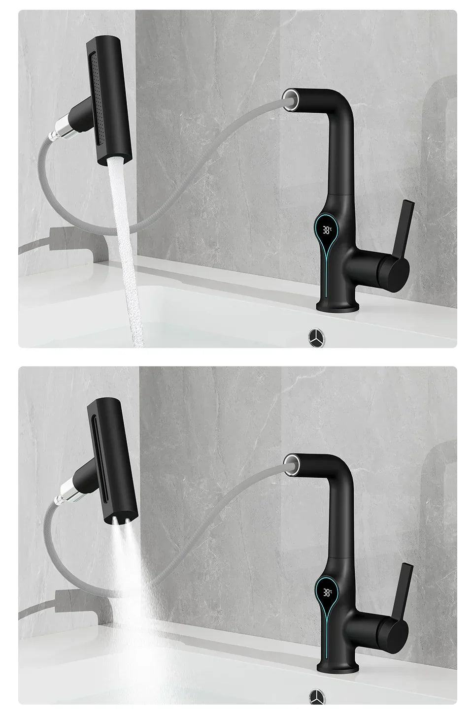 Bathroom Faucet Waterfall Spout Battery-Free Digital Temperature Display