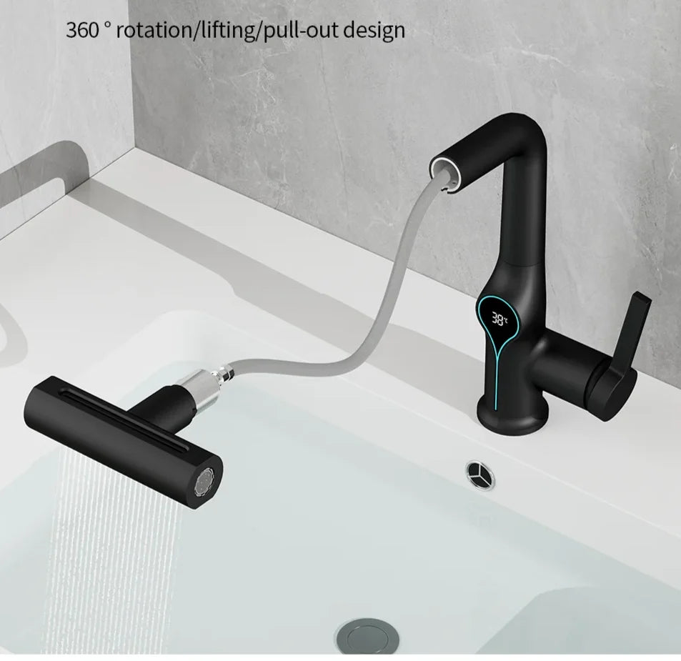 Bathroom Faucet Waterfall Spout Battery-Free Digital Temperature Display
