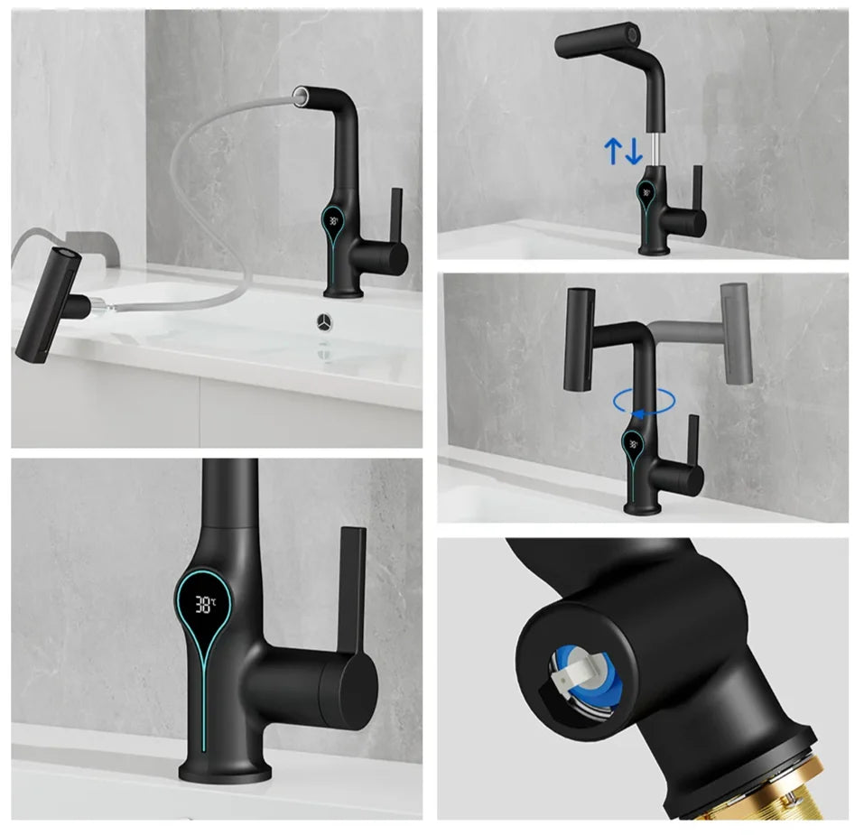 Bathroom Faucet Waterfall Spout Battery-Free Digital Temperature Display