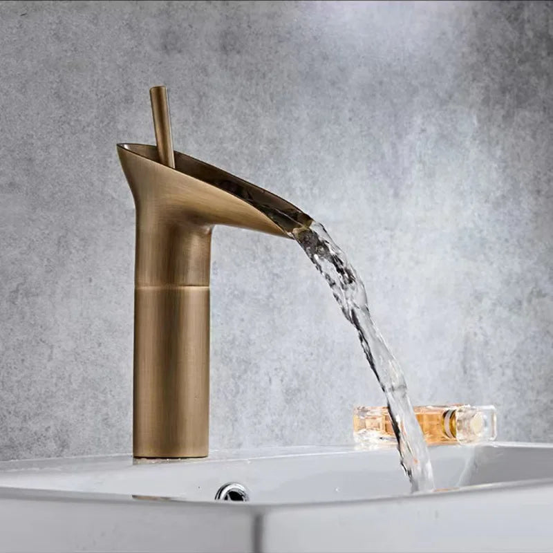 Bathroom Faucet Waterfall Spout Solid Brass Antique Finish