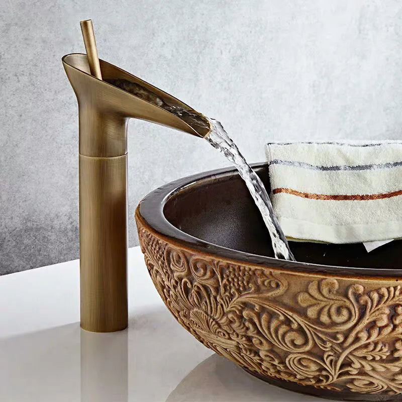 Bathroom Faucet Waterfall Spout Solid Brass Antique Finish