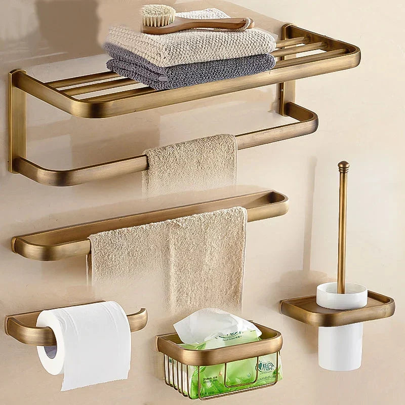 Bathroom Hardware Set Brushed Antique Brass Solid Copper-Based Metal