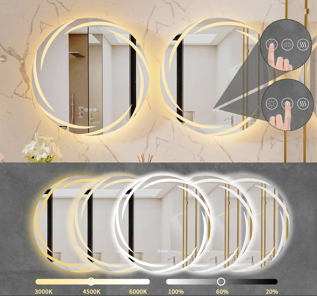 Bathroom Mirror Frameless Anti-Fog 3-Color LED