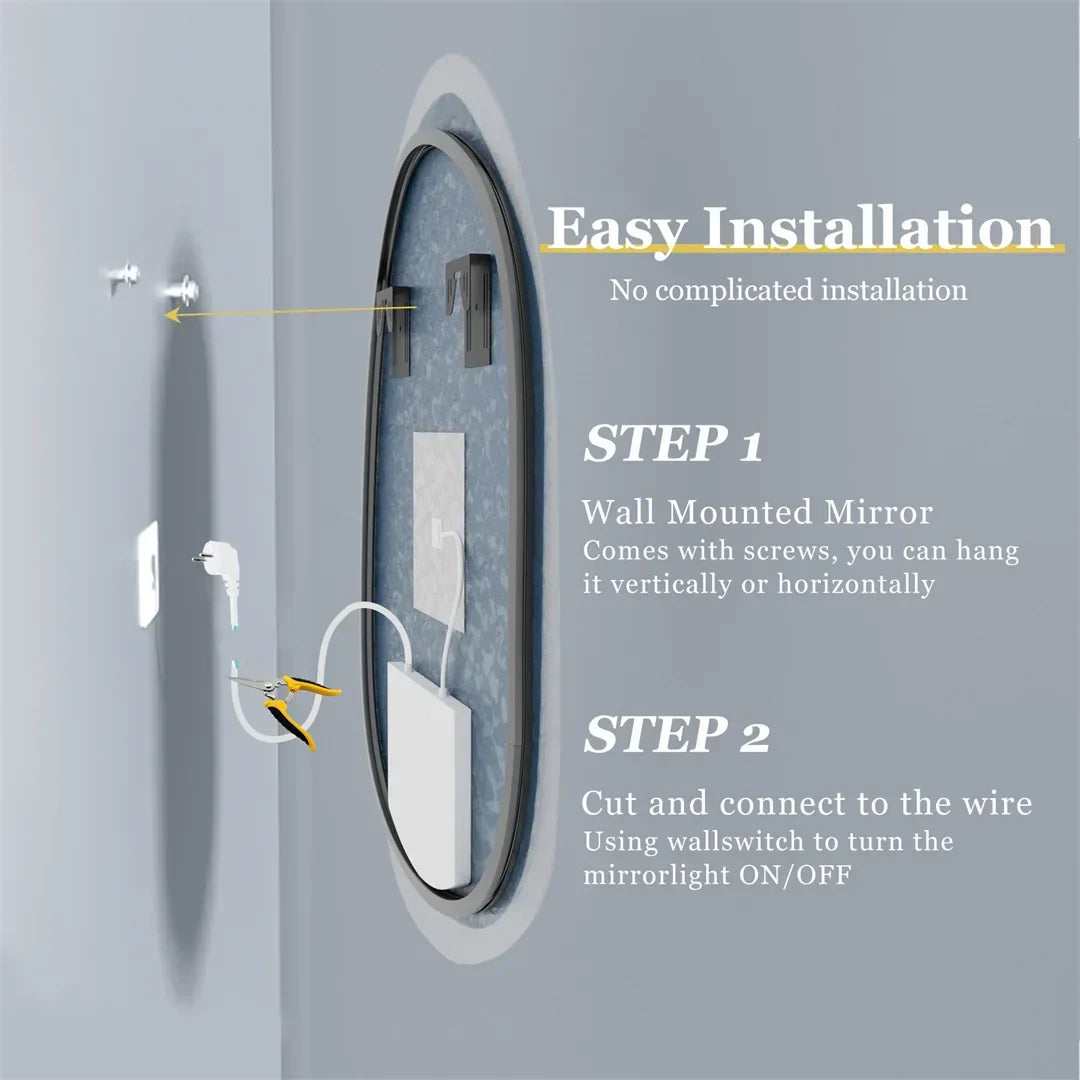 Bathroom Mirror Frameless LED Dimmable Touch Sensor Anti-Fog