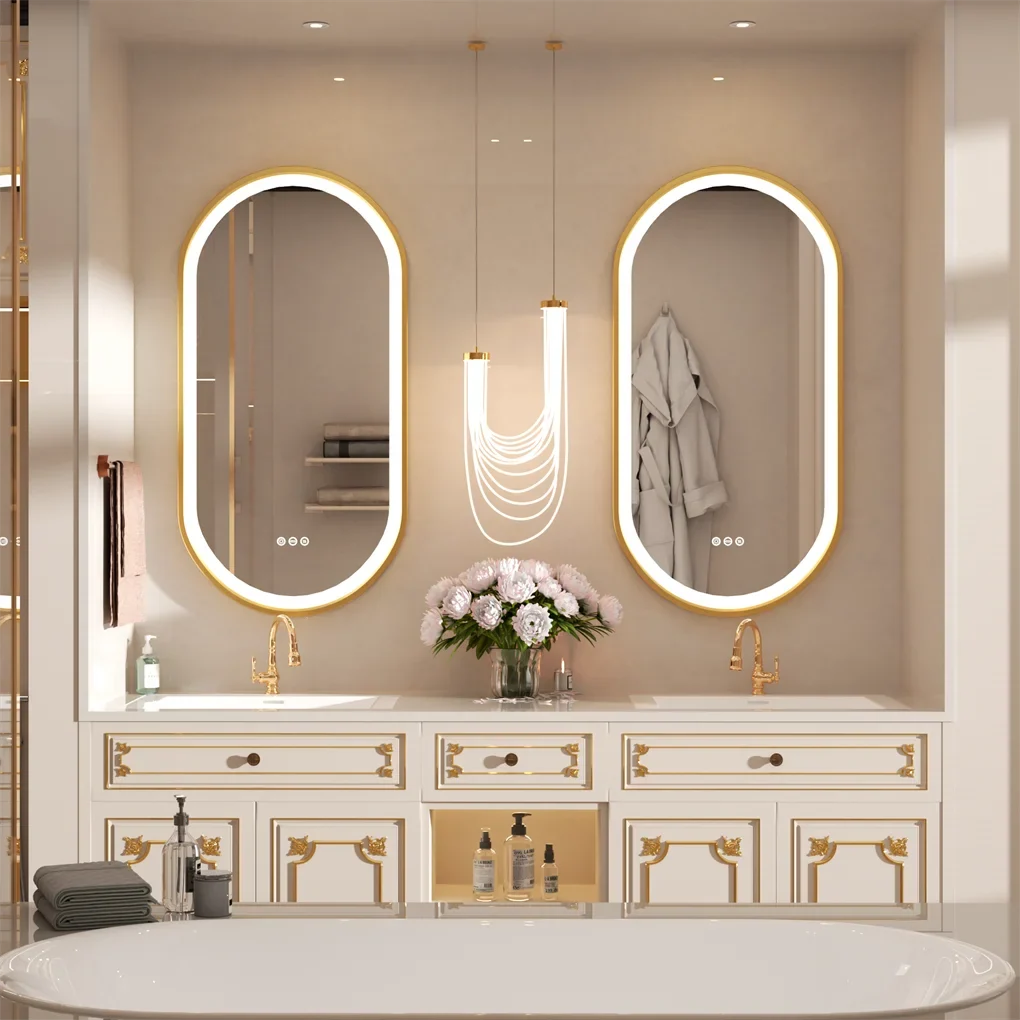 Bathroom Mirror Gold Aluminum Frame Anti-Fog & Dimmable LED