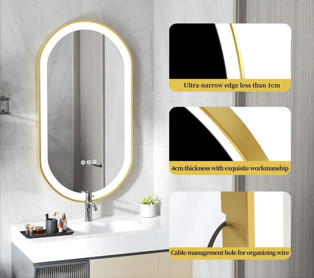 Bathroom Mirror Gold Aluminum Frame Anti-Fog & Dimmable LED