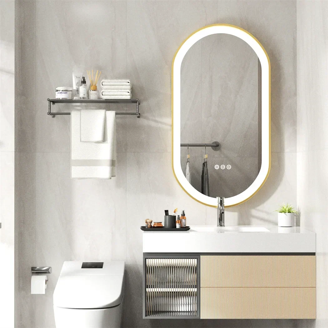 Bathroom Mirror Gold Aluminum Frame Anti-Fog & Dimmable LED
