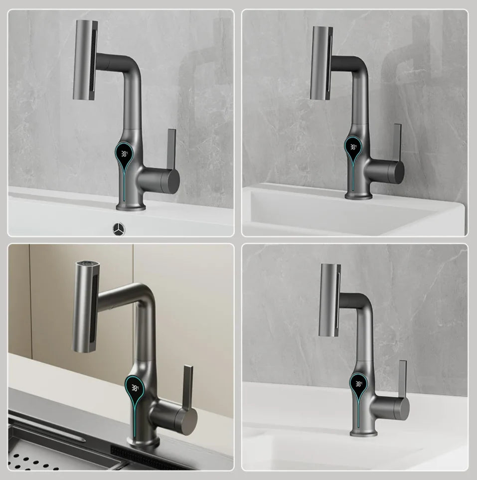 Bathroom Sink Faucet Adjustable Waterfall Spout & Digital Temperature Display