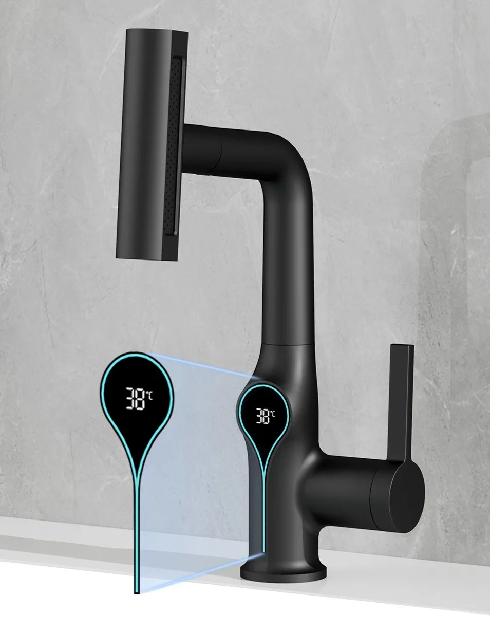 Bathroom Sink Faucet Adjustable Waterfall Spout & Digital Temperature Display