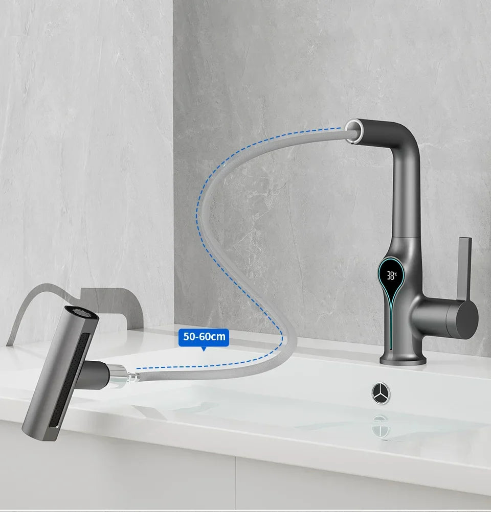 Bathroom Sink Faucet Adjustable Waterfall Spout & Digital Temperature Display