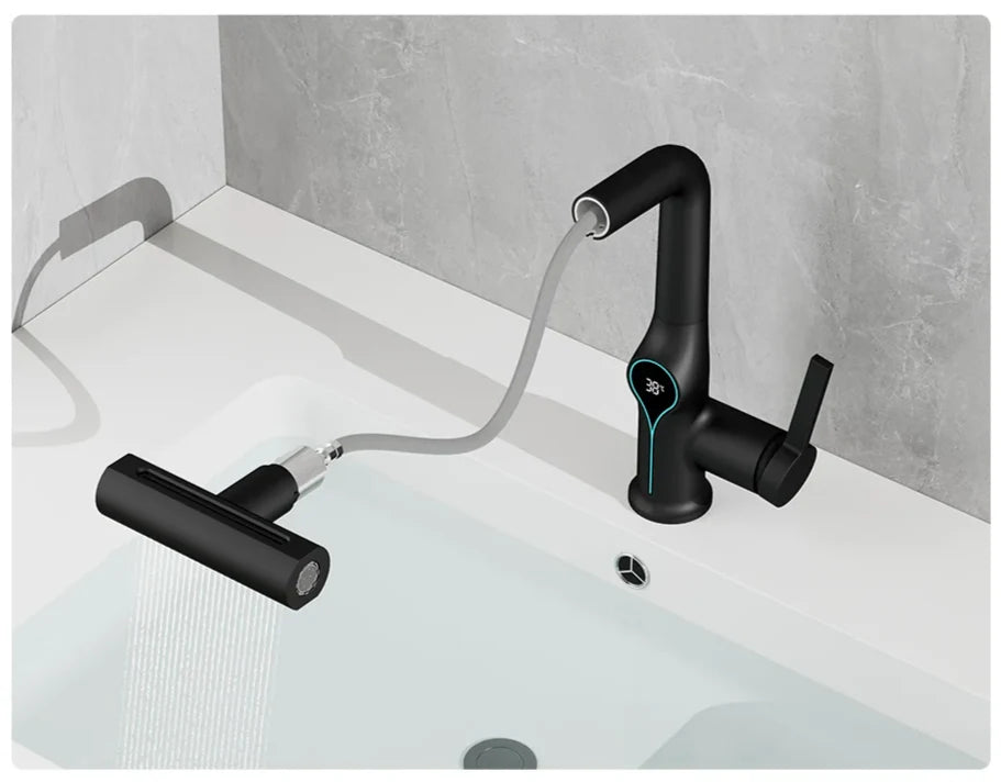 Bathroom Sink Faucet Adjustable Waterfall Spout & Digital Temperature Display