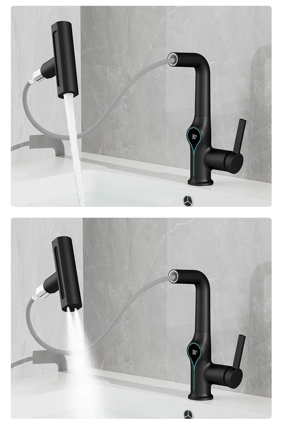 Bathroom Sink Faucet Adjustable Waterfall Spout & Digital Temperature Display