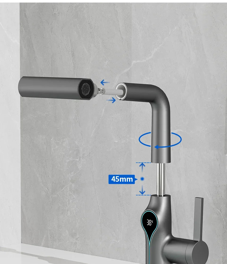 Bathroom Sink Faucet Adjustable Waterfall Spout & Digital Temperature Display