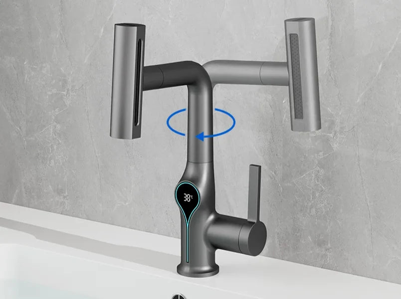 Bathroom Sink Faucet Adjustable Waterfall Spout & Digital Temperature Display