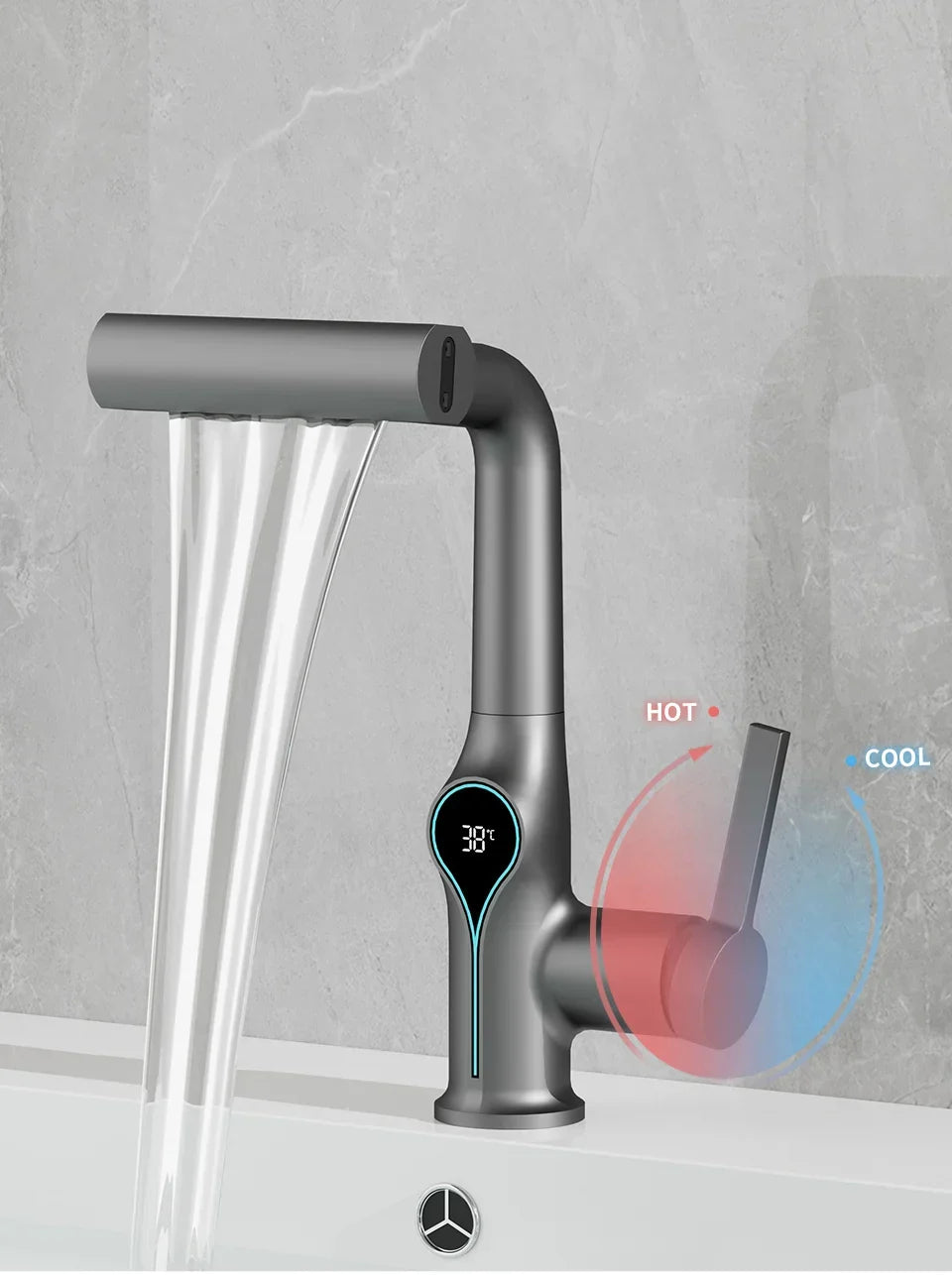 Bathroom Sink Faucet Adjustable Waterfall Spout & Digital Temperature Display