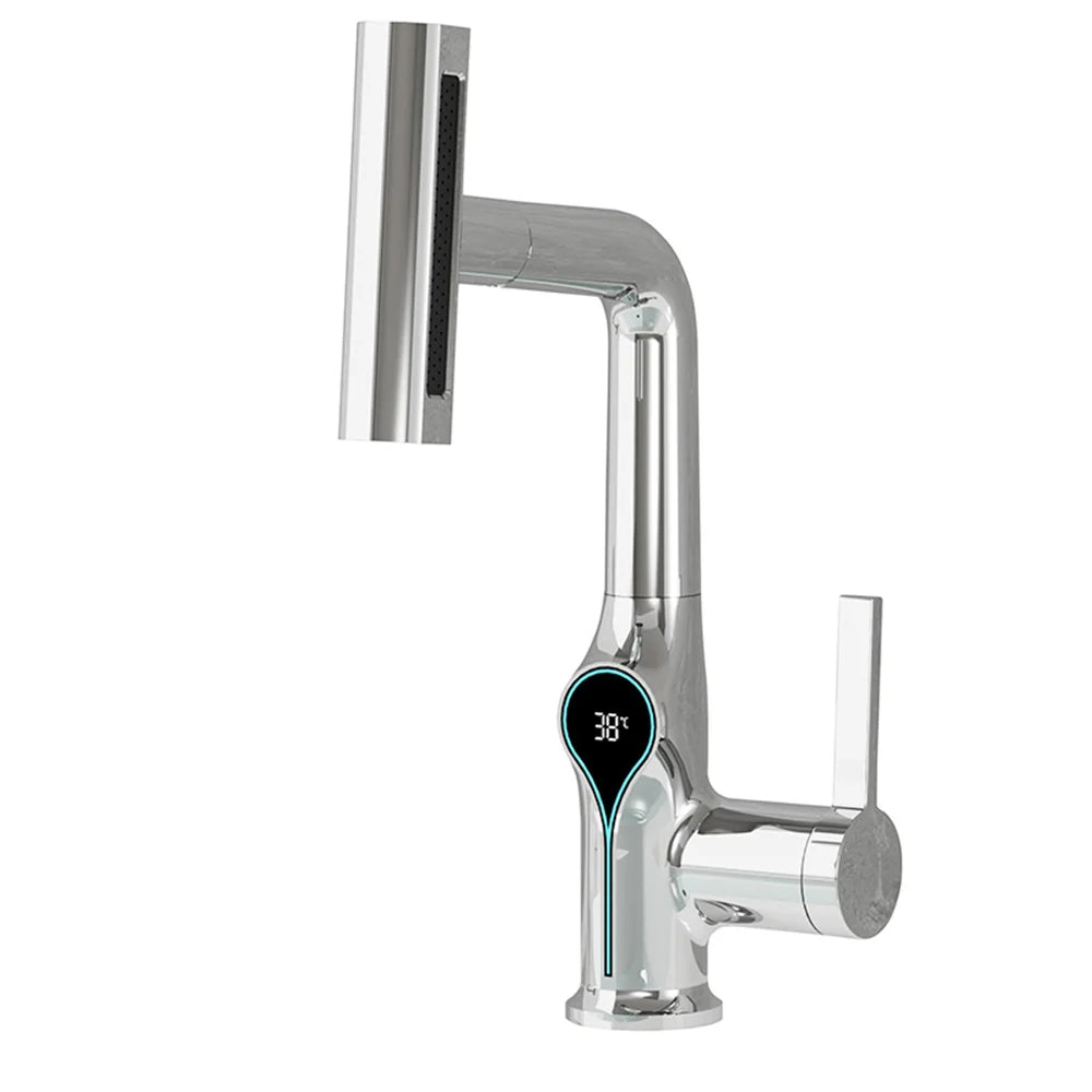 Bathroom Sink Faucet Adjustable Waterfall Spout & Digital Temperature Display