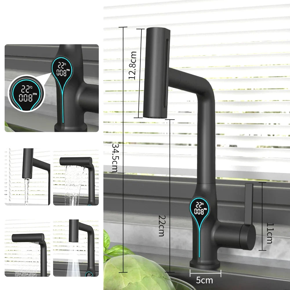 Bathroom Sink Faucet Adjustable Waterfall Spout & Digital Temperature Display
