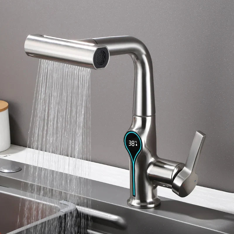 Bathroom Sink Faucet Adjustable Waterfall Spout & Digital Temperature Display