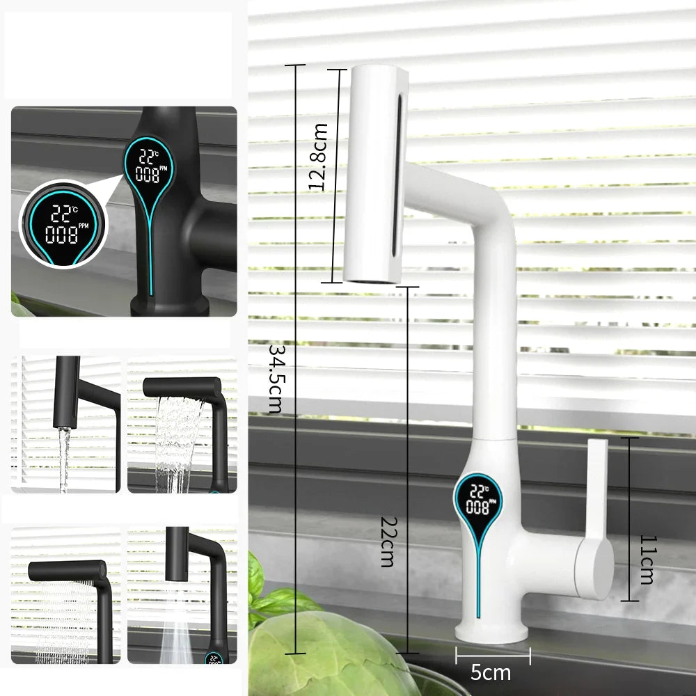 Bathroom Sink Faucet Adjustable Waterfall Spout & Digital Temperature Display