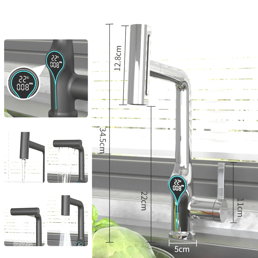 Bathroom Sink Faucet Adjustable Waterfall Spout & Digital Temperature Display