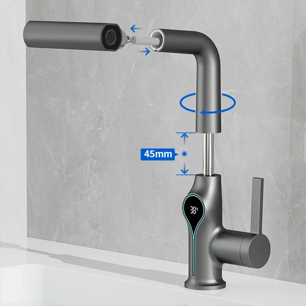 Bathroom Sink Faucet Adjustable Waterfall Spout & Digital Temperature Display