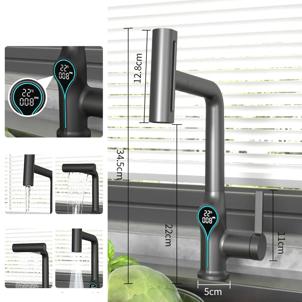 Bathroom Sink Faucet Adjustable Waterfall Spout & Digital Temperature Display