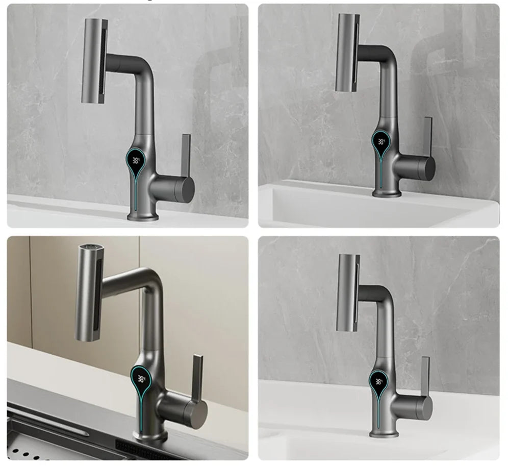 Bathroom Sink Faucet Adjustable Waterfall Spout & Digital Temperature Display