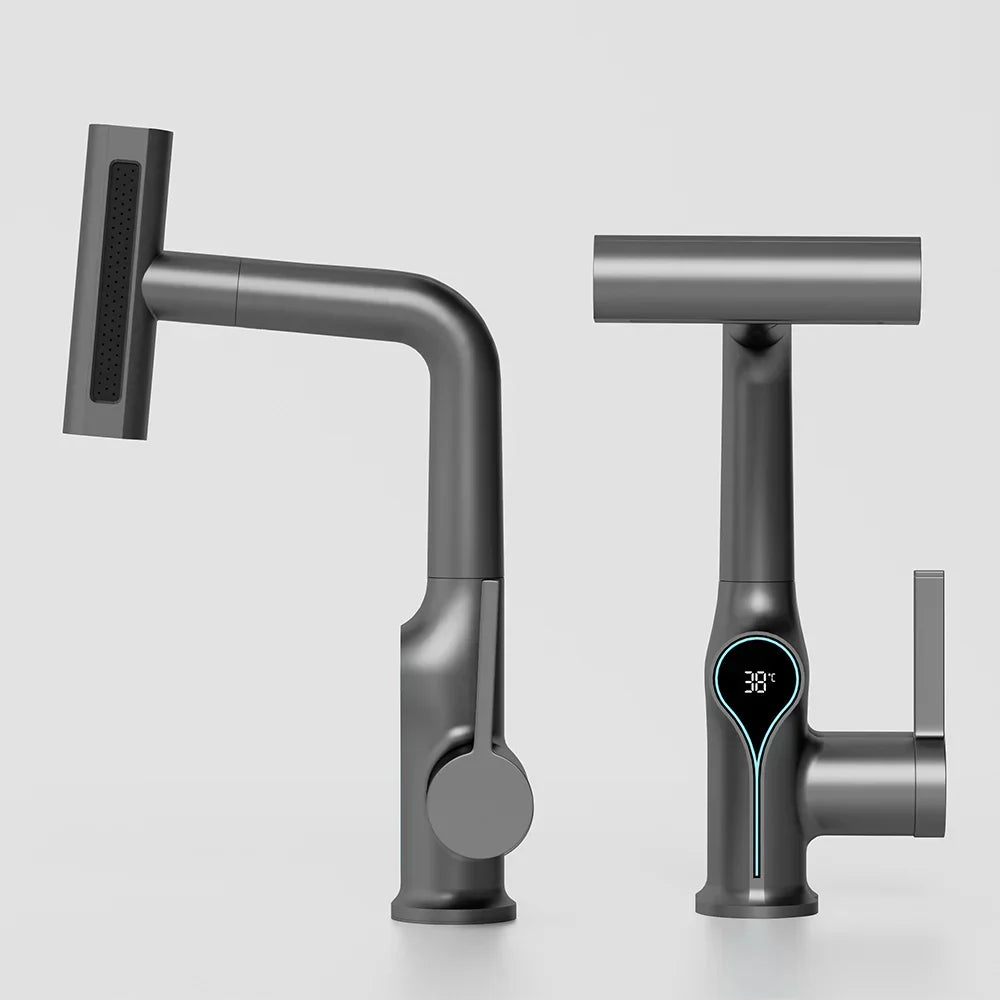 Bathroom Sink Faucet Adjustable Waterfall Spout & Digital Temperature Display