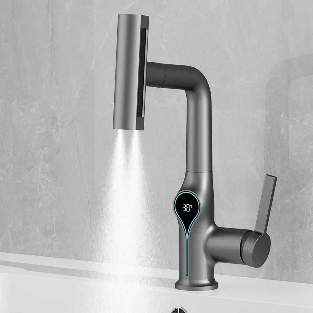Bathroom Sink Faucet Adjustable Waterfall Spout & Digital Temperature Display