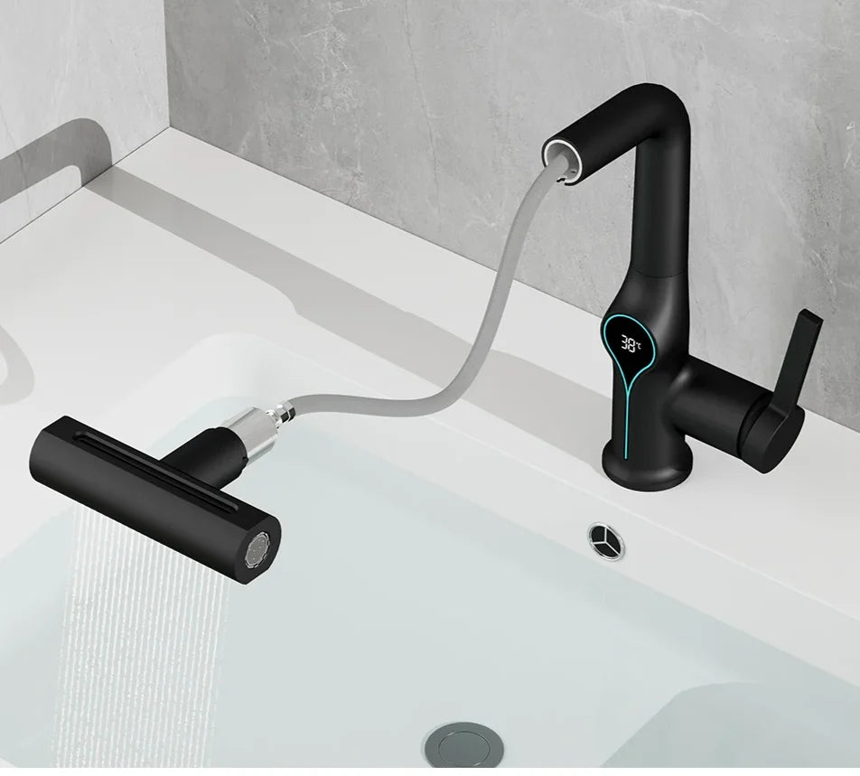 Bathroom Sink Faucet Adjustable Waterfall Spout & Digital Temperature Display