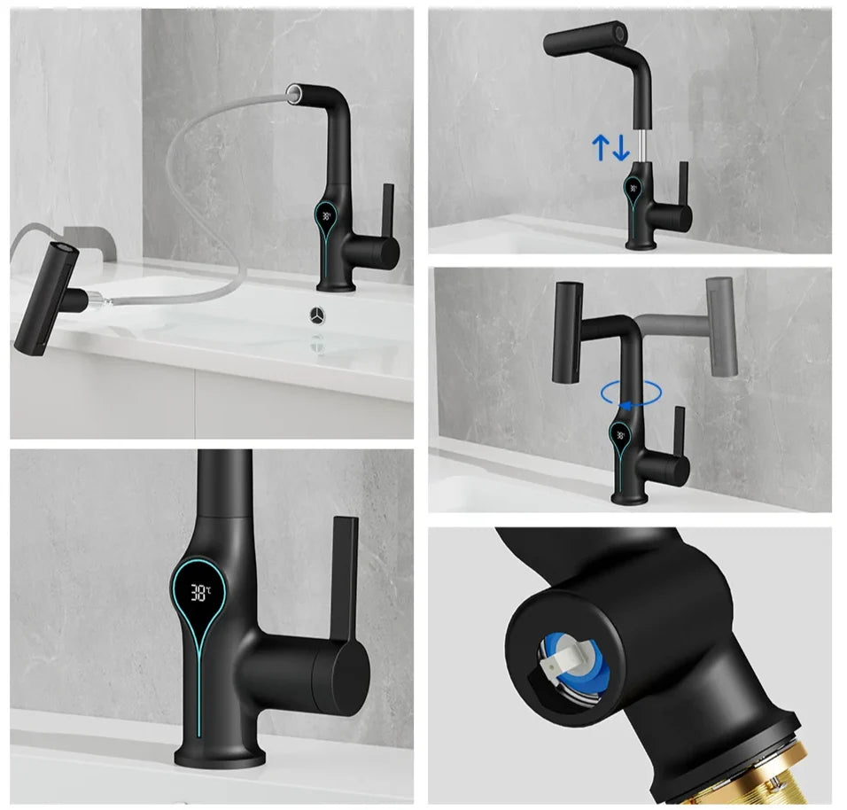 Bathroom Sink Faucet Adjustable Waterfall Spout & Digital Temperature Display