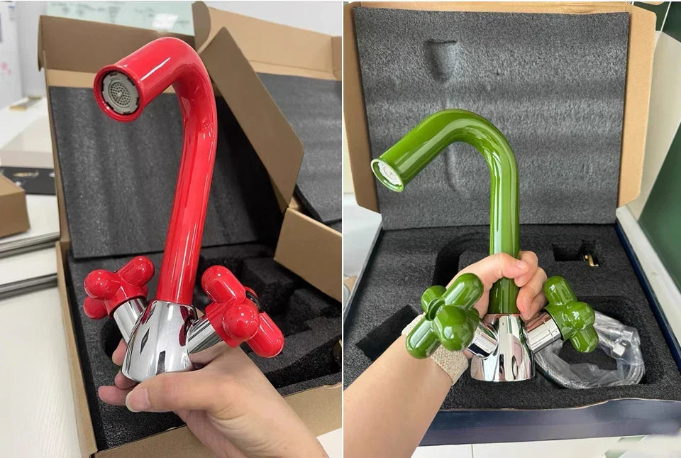 Bathroom Sink Faucet Solid Brass Dual-Handle Rotatable Spout
