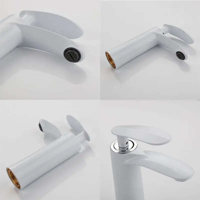 Bathroom Sink Faucet Waterfall Spout Brass White Finish