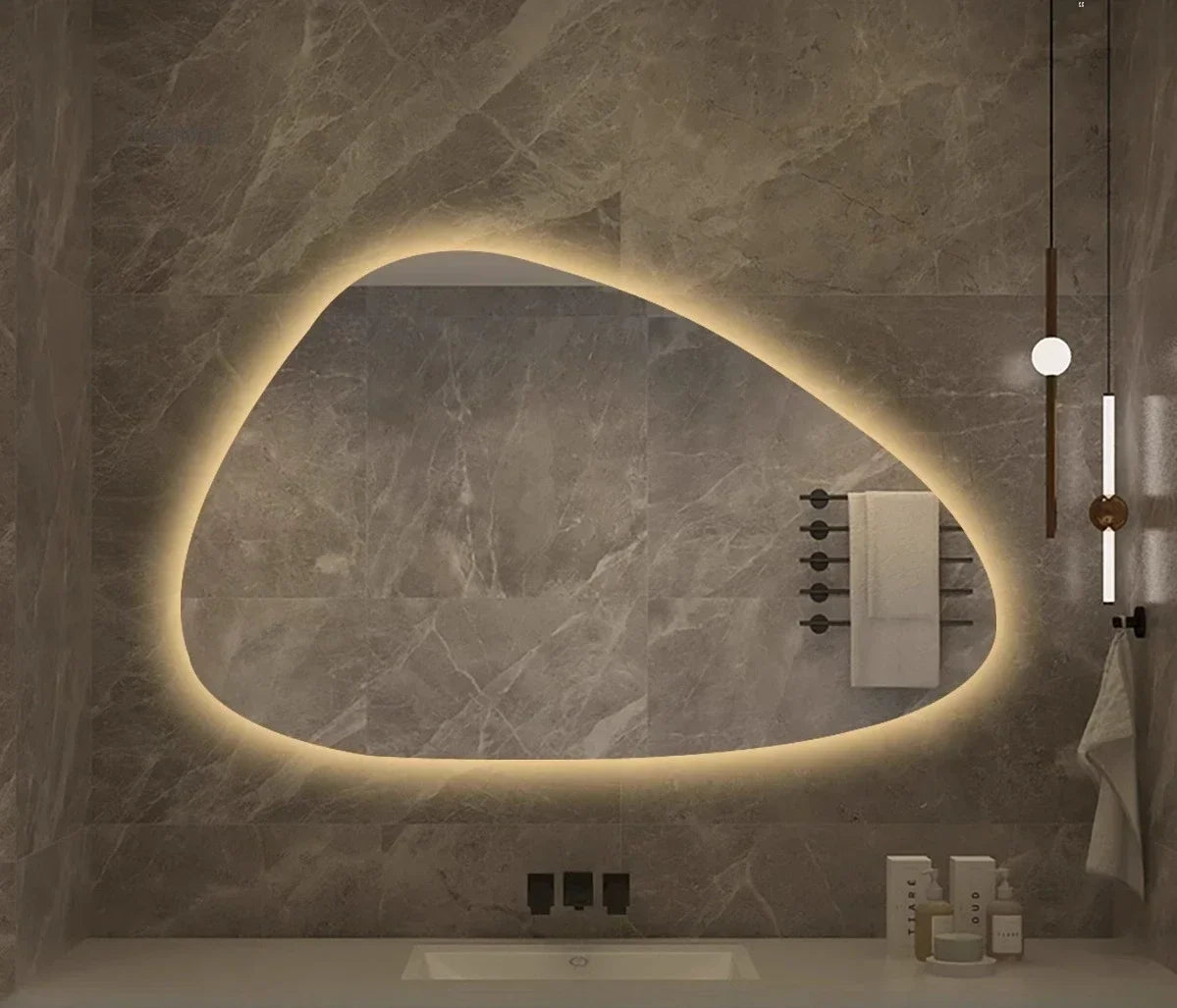 Bathroom Wall Mirror Irregular Sculptural Dimmable LED Moisture-Resistant Frame