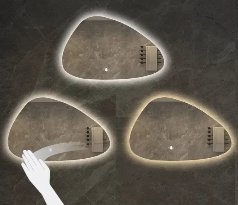 Bathroom Wall Mirror Irregular Sculptural Dimmable LED Moisture-Resistant Frame