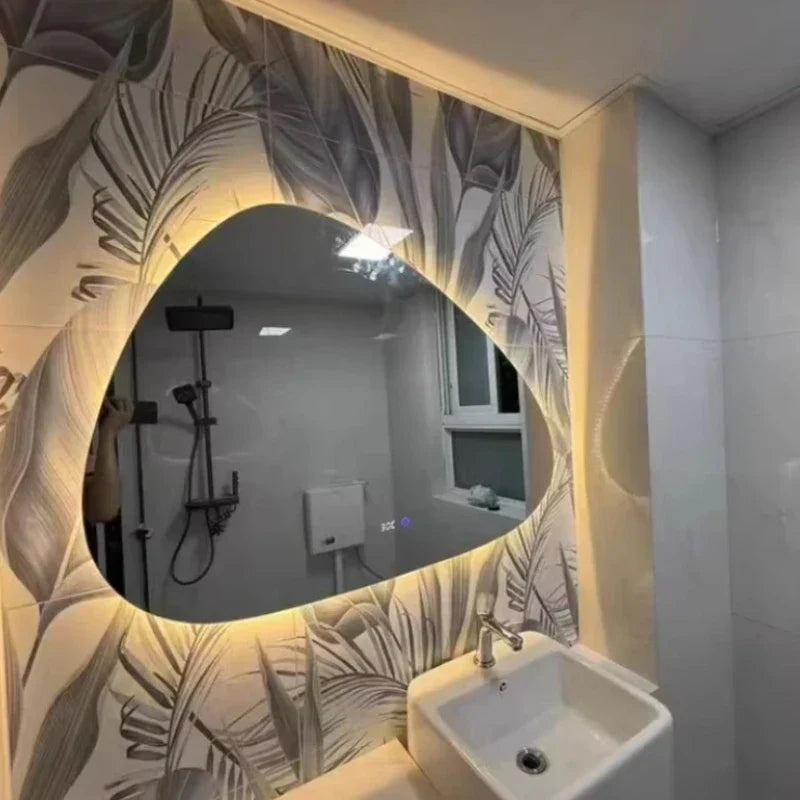 Bathroom Wall Mirror Irregular Sculptural Dimmable LED Moisture-Resistant Frame