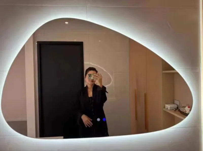 Bathroom Wall Mirror Irregular Sculptural Dimmable LED Moisture-Resistant Frame