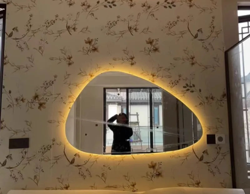 Bathroom Wall Mirror Irregular Sculptural Dimmable LED Moisture-Resistant Frame