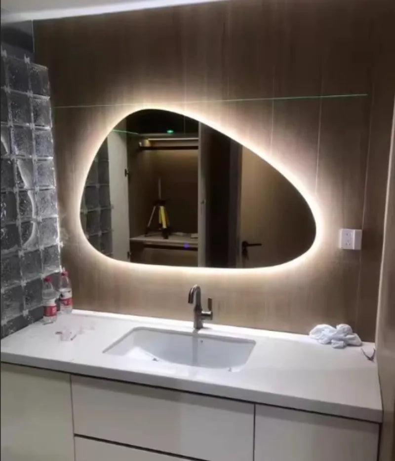 Bathroom Wall Mirror Irregular Sculptural Dimmable LED Moisture-Resistant Frame