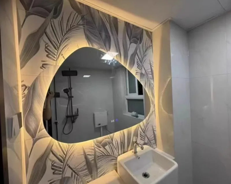 Bathroom Wall Mirror Irregular Sculptural Dimmable LED Moisture-Resistant Frame